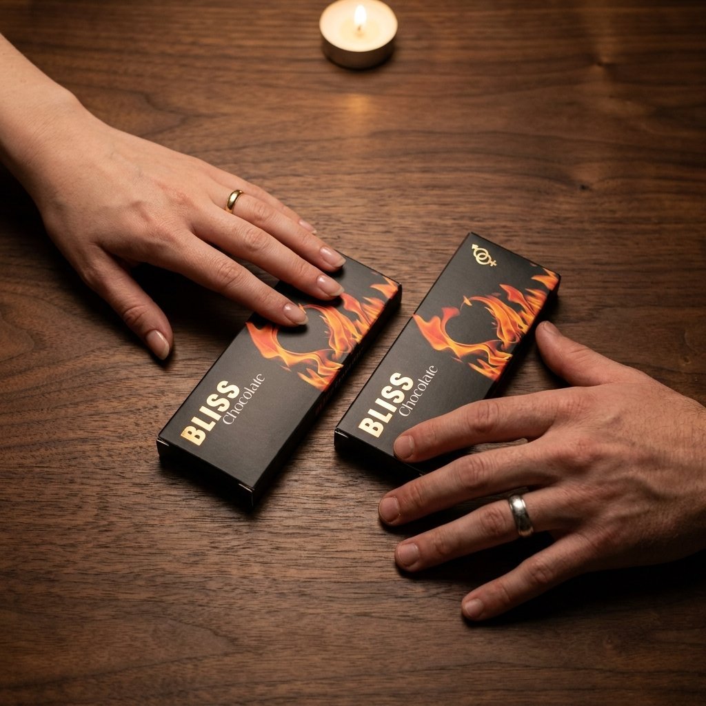 Warm candlelit bedroom with BLISS chocolate.