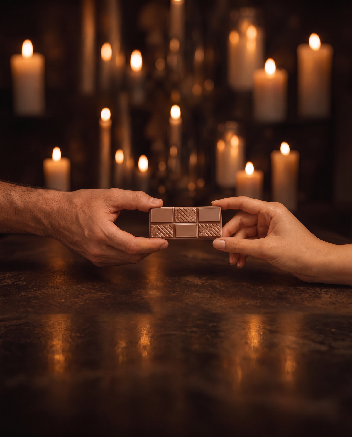 A couple together with BLISS chocolate by candlelight.
