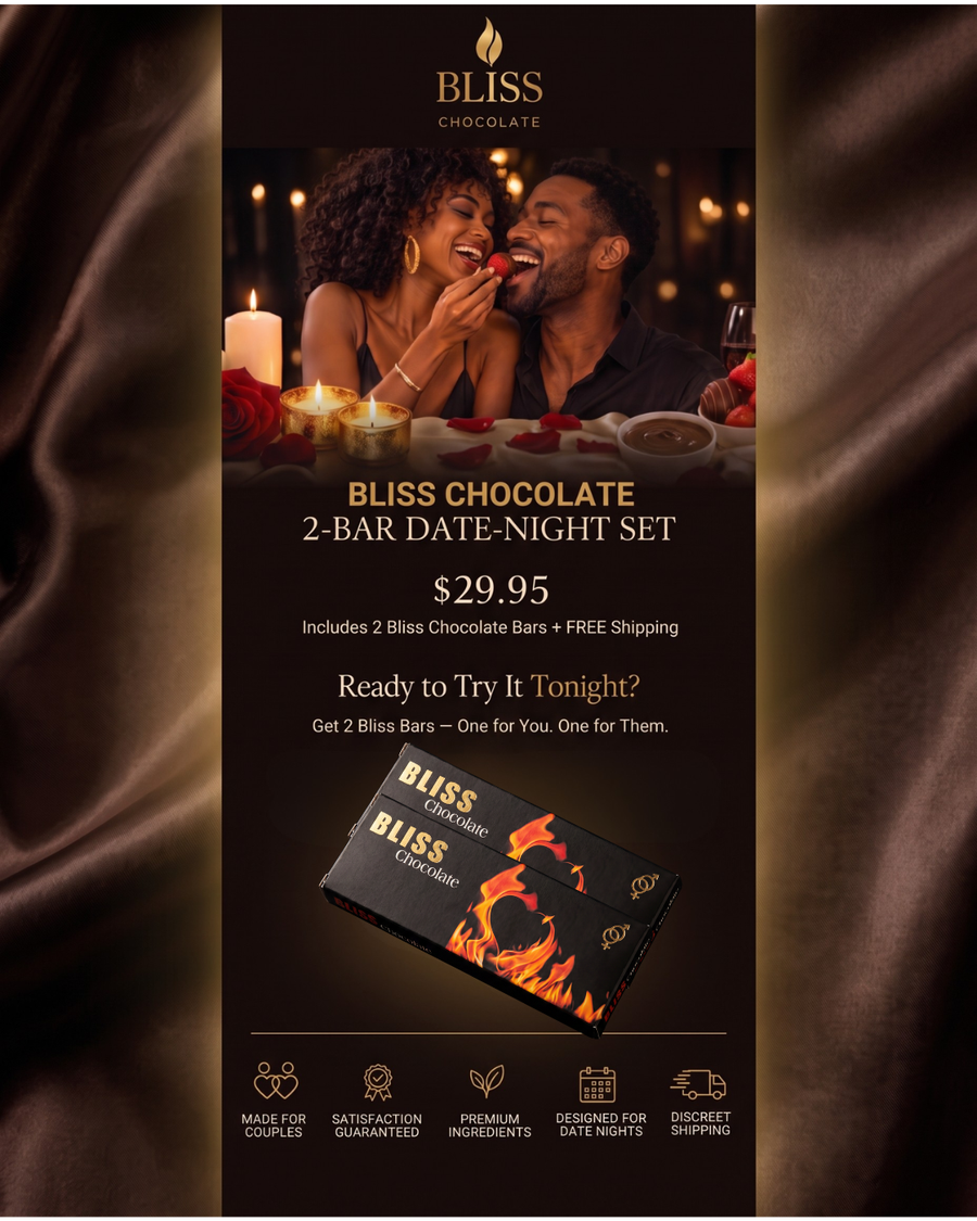 Thank you. Ready to try it tonight? The Bliss Chocolate 2-Bar Date-Night Set. Get 2 Bliss Bars — one for you, one for them. Two unforgettable delights. One delicious night. Because great nights taste better together. A laughing couple share a chocolate-dipped strawberry by candlelight beside two BLISS Chocolate bars.